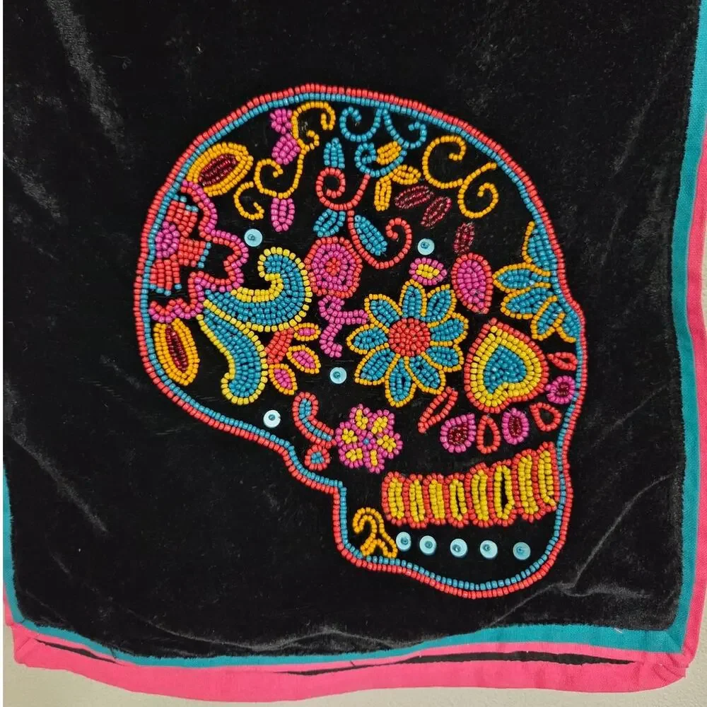 Spooky Night Beaded Skull Velvet Table Runner 14 X 73